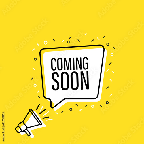 Male hand holding megaphone with Coming soon speech bubble. Loudspeaker. Banner for business, marketing and advertising. Vector illustration.
