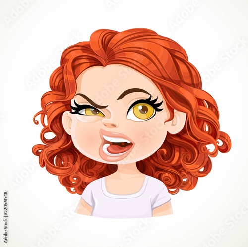 Beautiful aggressive cartoon brunette girl with dark red hair portrait isolated on white background