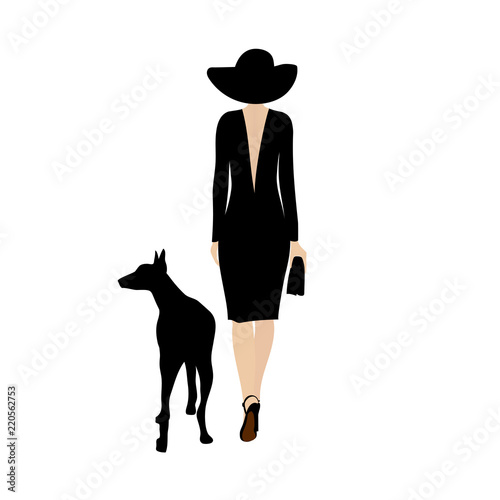 lady with black dog. Stylish woman walks with a black dog doberman. Dog walking lady vector silhouette.