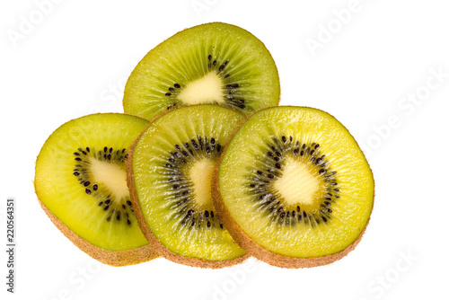 Four slices of ripe and fresh Kiwi fruits isolated on white background