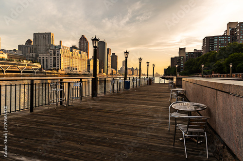 New York City / USA - JUL 31 2018: Upper East Side skyscrapers and buildings view from Roosevelt Island at sunrise