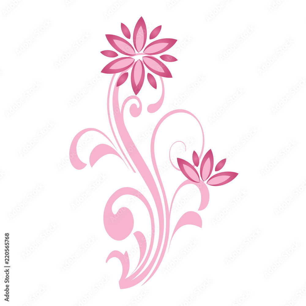 Floral curve decorative ornaments. Pink flower branch. Vector illustration isolated on white background.
