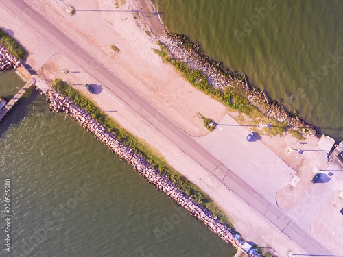 Photography Aerial view banks of famous Texas City Dike, a levee that projects nearly 5miles south-east into mouth of Galveston Bay