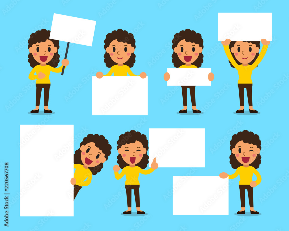 Vector cartoon set of woman with blank white banner for design. Vector cartoon set of woman with blank white banner for design.