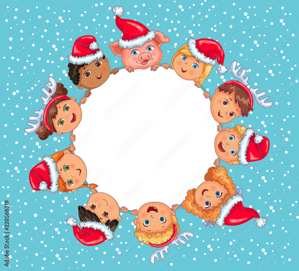 Cute kids round blank banner New Year of the Pig 2019