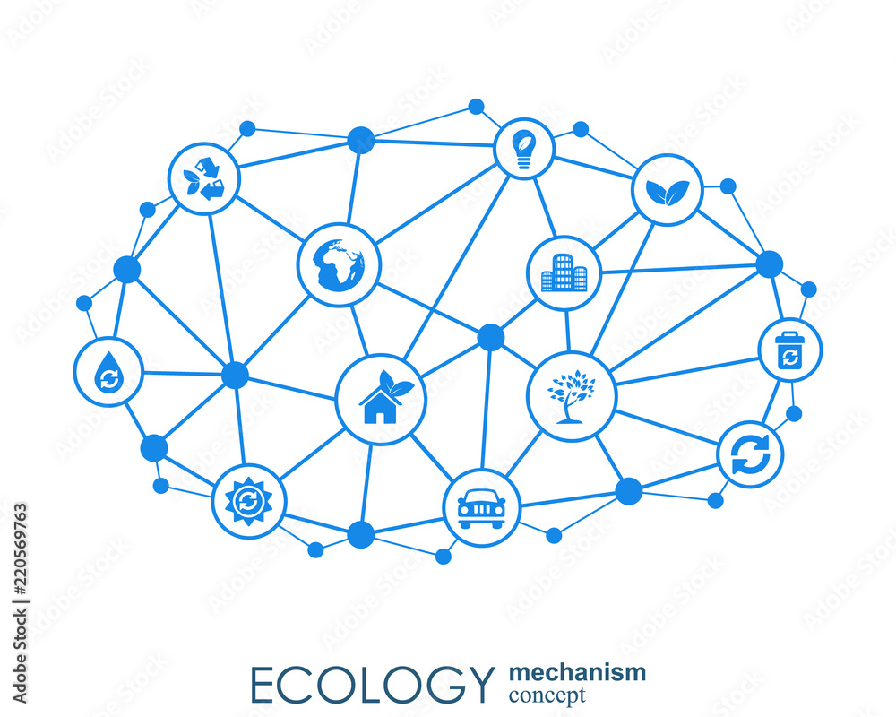 Ecology mechanism concept. Abstract background with connected gears and icons for eco friendly, energy, environment, green, recycle, bio and global concepts. Vector infographic illustration. Ecology mechanism concept. Abstract background with connected gears and icons for eco friendly, energy, environment, green, recycle, bio and global concepts. Vector infographic illustration.
