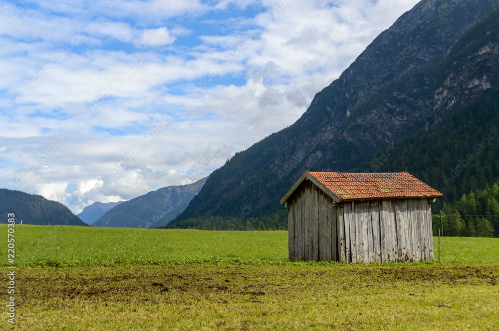 A wooden cabin in the green fields of Tyrol, Austria