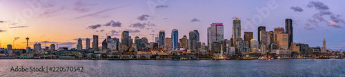 Beautiful Seattle skyline or cityscape from Elliot Bay, Puget Sound, at dusk or sunrise, Washington state, USA.