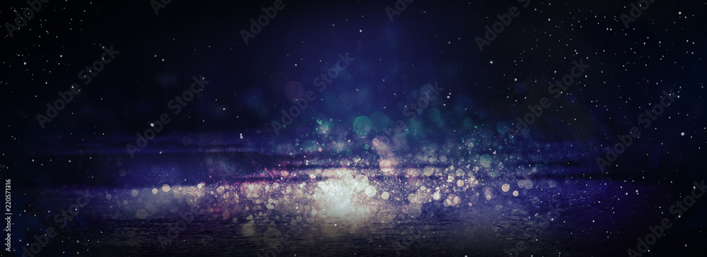 Obraz premium Night festive background, bokeh, empty scene of wet asphalt, smoke, neon