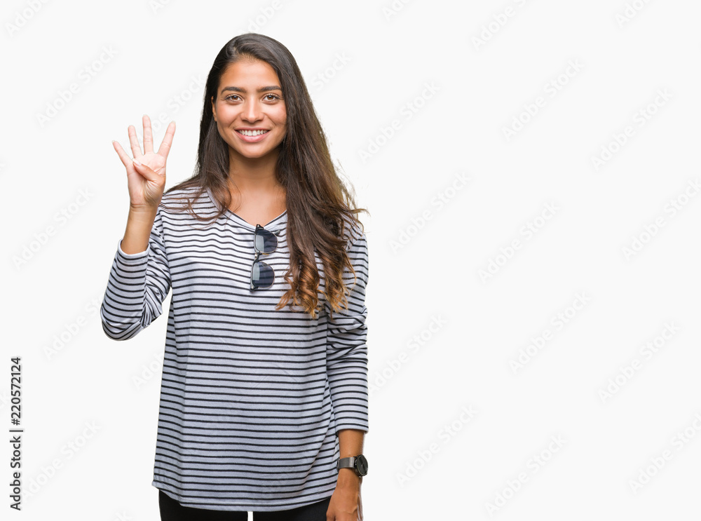 Young beautiful arab woman wearing sunglasses over isolated background showing and pointing up with fingers number four while smiling confident and happy. Young beautiful arab woman wearing sunglasses over isolated background showing and pointing up with fingers number four while smiling confident and happy.
