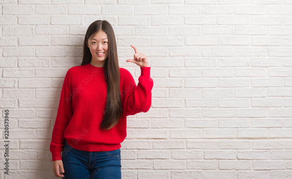 Young Chinese woman over brick wall smiling and confident gesturing with hand doing size sign with fingers while looking and the camera. Measure concept. Young Chinese woman over brick wall smiling and confident gesturing with hand doing size sign with fingers while looking and the camera. Measure concept.