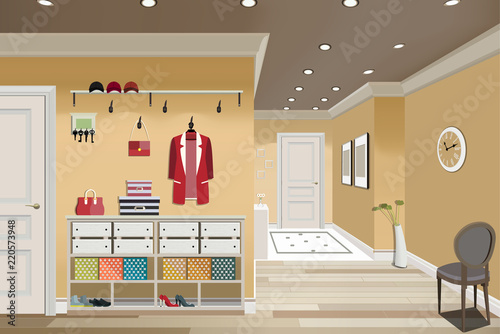 Illustration of an interior of a dressing room with clothes and an entrance door.