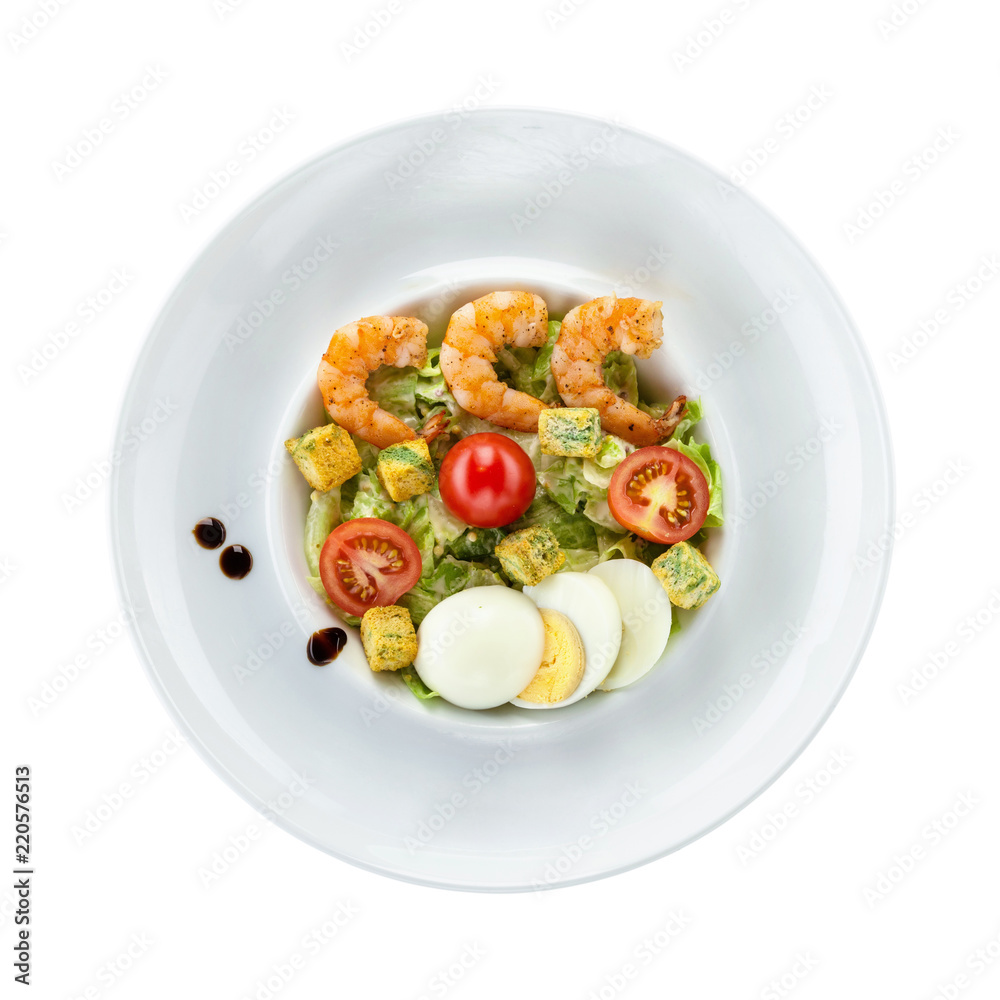 Caesar salad with shrimps over white. With path. Caesar salad with shrimps over white. With path.