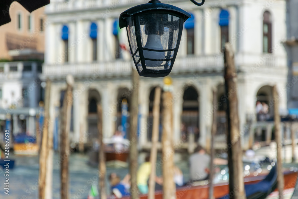 gondolas in Venice, view of a outdoor lamp in Venice Italy 