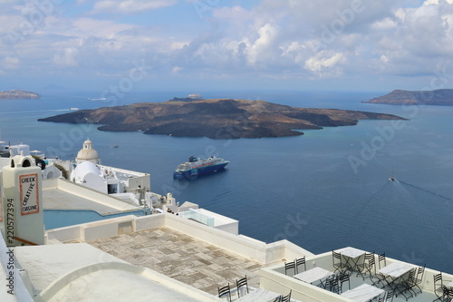 View of the Aegean sea and the volcanic island from Santorini, Greece