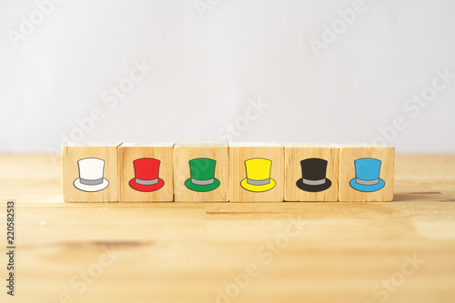 six thinking hats concept, the success way to under the human wear which hat when talking about, the hats including feeling/emotion, creativity, awareness, control, positive thinking, facts