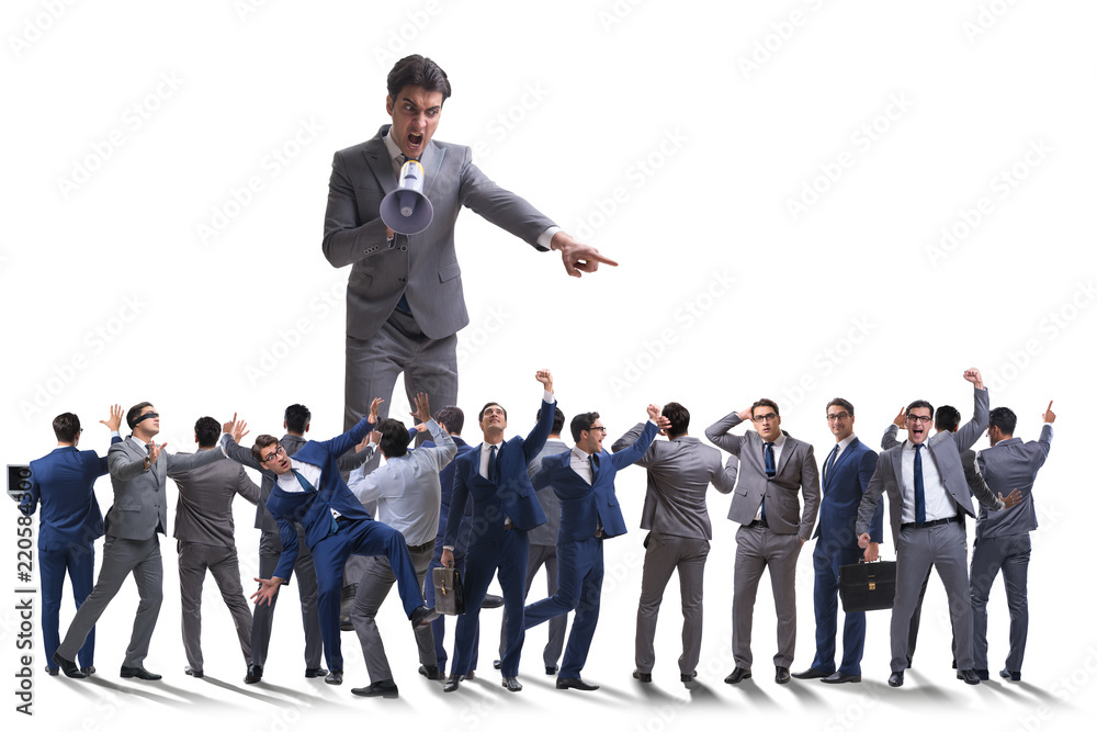 Concept of angry boss yelling with loudspeaker Concept of angry boss yelling with loudspeaker