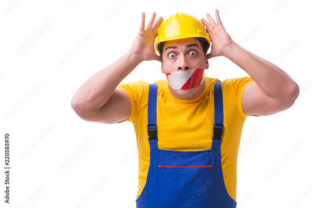 Funny worker wearing coveralls with tape Funny worker wearing coveralls with tape