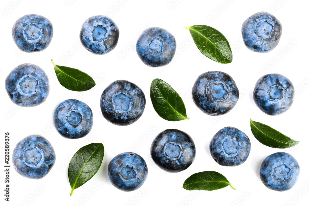 fresh ripe blueberry with leaf isolated on white background. Top view. Flat lay pattern fresh ripe blueberry with leaf isolated on white background. Top view. Flat lay pattern