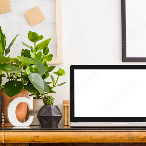 Home office interior design wooden desk with laptop mock up, frame, plants in design pots, vinatage camera. photo