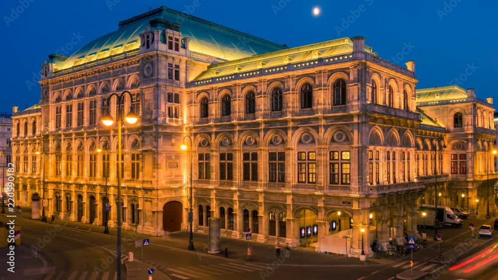 Vienna opera house at sunset. Time lapse. Camera moves from left to right. Change day to night. Vienna opera house at sunset. Time lapse. Camera moves from left to right. Change day to night.