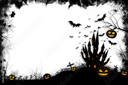 Halloween full moon night and mystery background. Pumpkins, bats, spiders and castle graveyard on spooky night.
