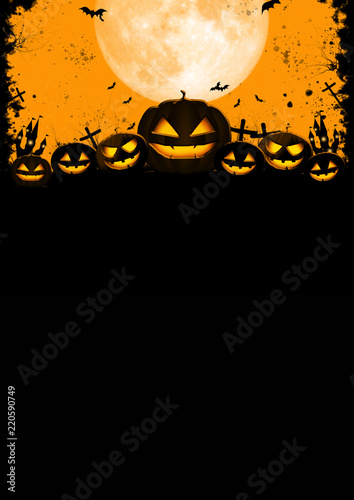 Halloween full moon night and mystery background. Pumpkins, bats, spiders and castle graveyard on spooky night.
