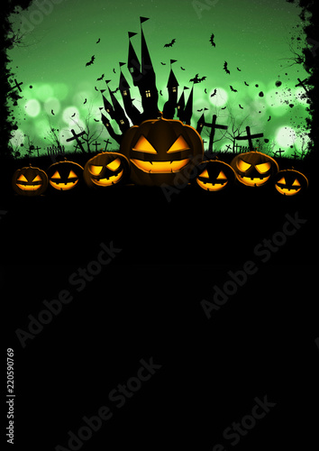 Halloween full moon night and mystery background. Pumpkins, bats, spiders and castle graveyard on spooky night.
