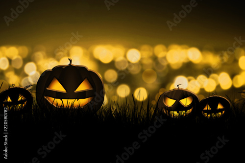 Halloween full moon night and mystery background. Pumpkins, bats, spiders and castle graveyard on spooky night.

