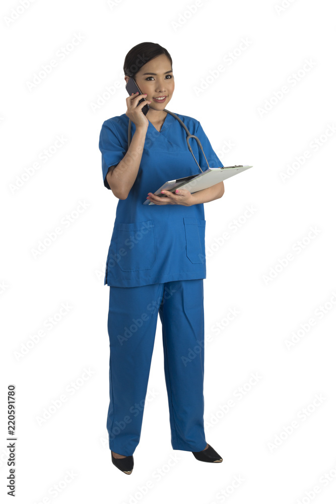 Busy female doctor in blue uniform standing on white background. Busy female doctor in blue uniform standing on white background.