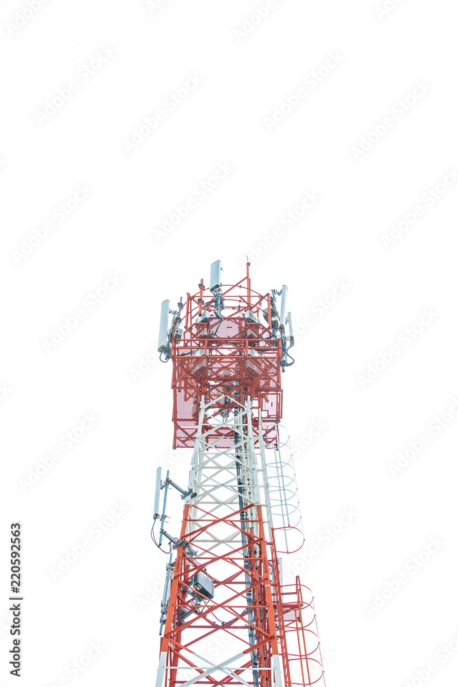 Close up communication tower top. Radio antenna Tower , microwave antenna tower on light sky background. wireless technology concept. communication development concept. image for objects and article. Close up communication tower top. Radio antenna Tower , microwave antenna tower on light sky background. wireless technology concept. communication development concept. image for objects and article.