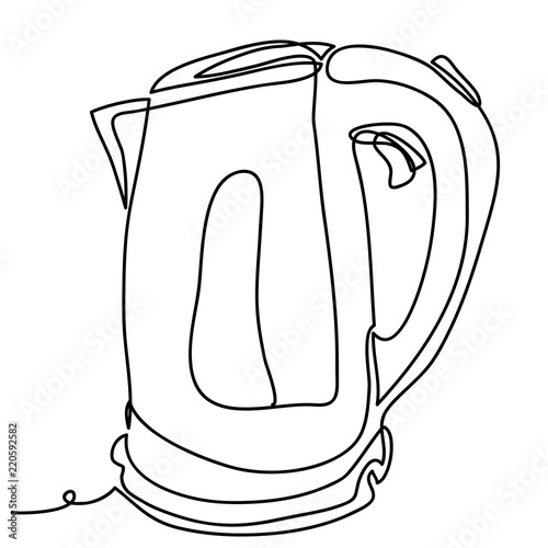 Electric stainless steel kettle Vector illustration isolated on white background. Continuous line drawing. Vector monochrome, drawing by lines