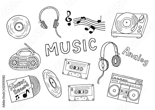アナログ音楽のイラストセット（モノクロ）