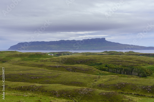 The Isle of Eigg as seen from the island of Muck. Eigg is one of the Small Isles, in the Scottish Inner Hebrides.