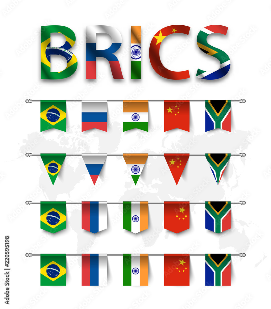 BRICS . association of 5 countries ( brazil . russia . india . china . south africa ) . and various shape nation flag of country membership hanged on pole and world map background . Vector BRICS . association of 5 countries ( brazil . russia . india . china . south africa ) . and various shape nation flag of country membership hanged on pole and world map background . Vector