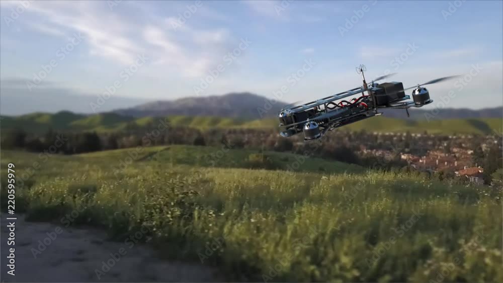 A drone racing across a lush green landscape. A drone racing across a lush green landscape.