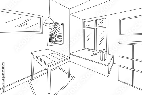 House interior wireframe scene vector hand drawing on a white backgrounds