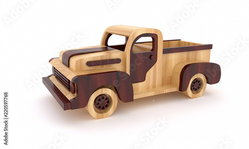 Fototapeta Naklejka Na Ścianę i Meble -  3d rendering wooden toy cars from two varieties of wood vintage models on a white isolated background