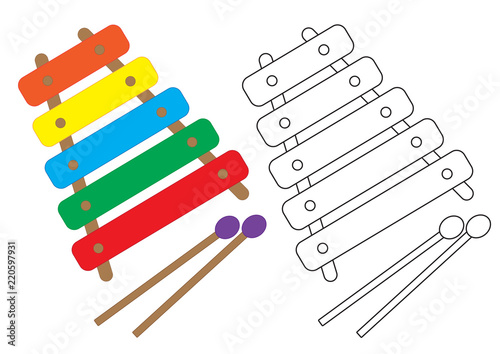 Xylophone colorful and in black with white colors, coloring page. Vector illustration.