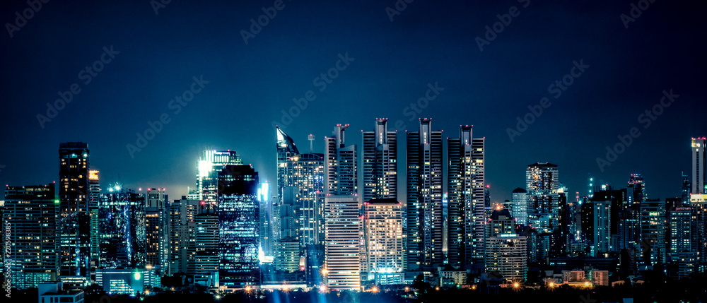 panoramic landscape scenery of buildings and skycrapers in the central business area of Bangkok city at nigjt
