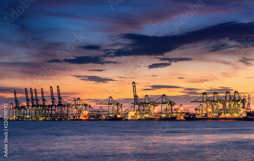 Shipping terminal and loading port at sunset scene