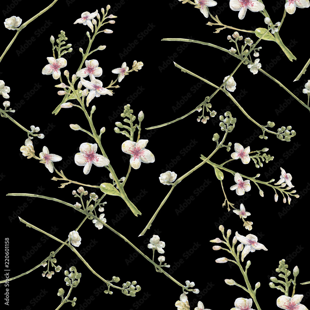 Watercolor painting of leaf and flowers, seamless pattern on dark background Watercolor painting of leaf and flowers, seamless pattern on dark background