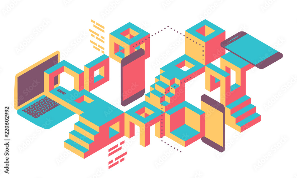 blockchain technology, concept isometric illustration, computer and mobile dev blockchain technology, concept isometric illustration, computer and mobile dev