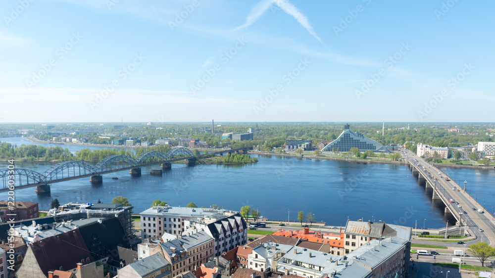 View of the road and railway bridges over the Daugava river from the bell tower of St. Peter's Church