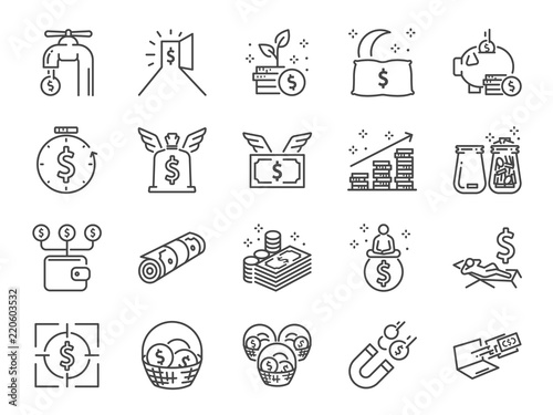 Passive income line icon set. Included the icons as Financial freedom, expenses, fee, investing and more
