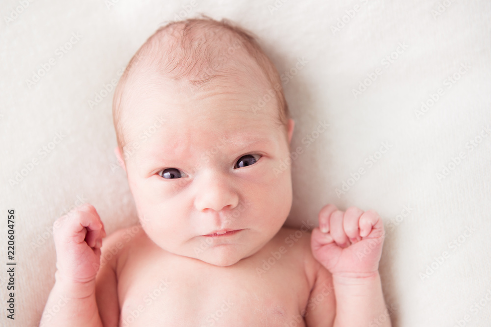 Newborn baby looking surprised at the camera in white bed. Family, new life, childhood, beginning concept Newborn baby looking surprised at the camera in white bed. Family, new life, childhood, beginning concept