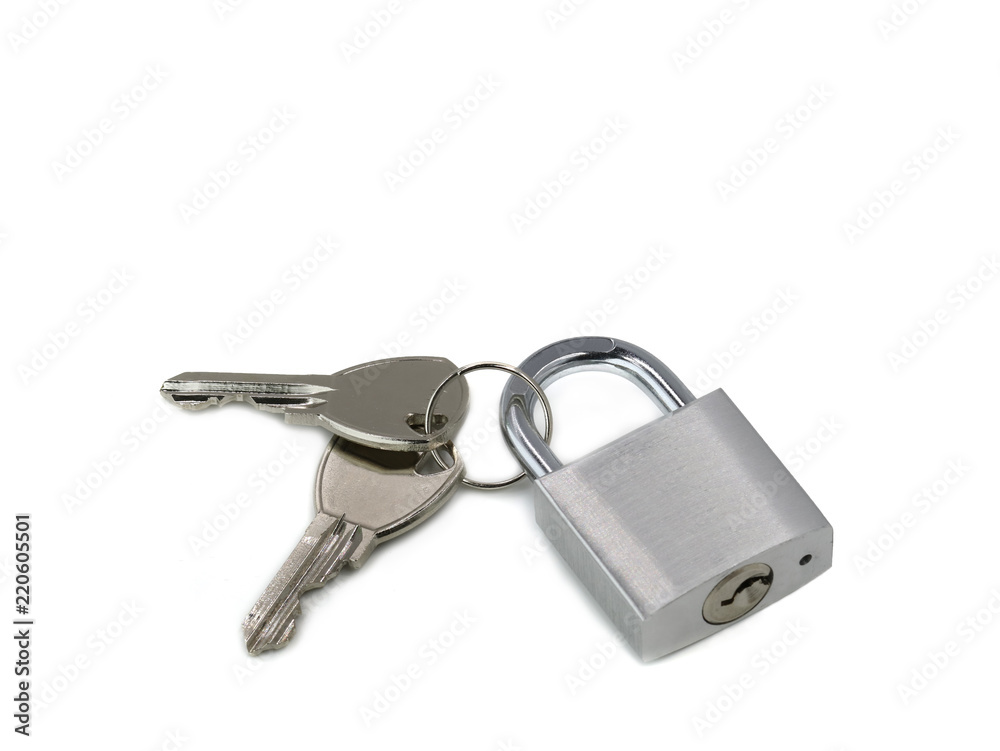 silver padlock with keys isolated on white background silver padlock with keys isolated on white background