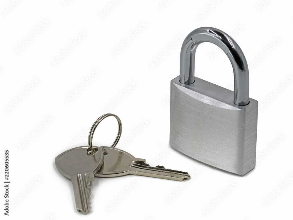 silver padlock with two keys isolated on the white background silver padlock with two keys isolated on the white background