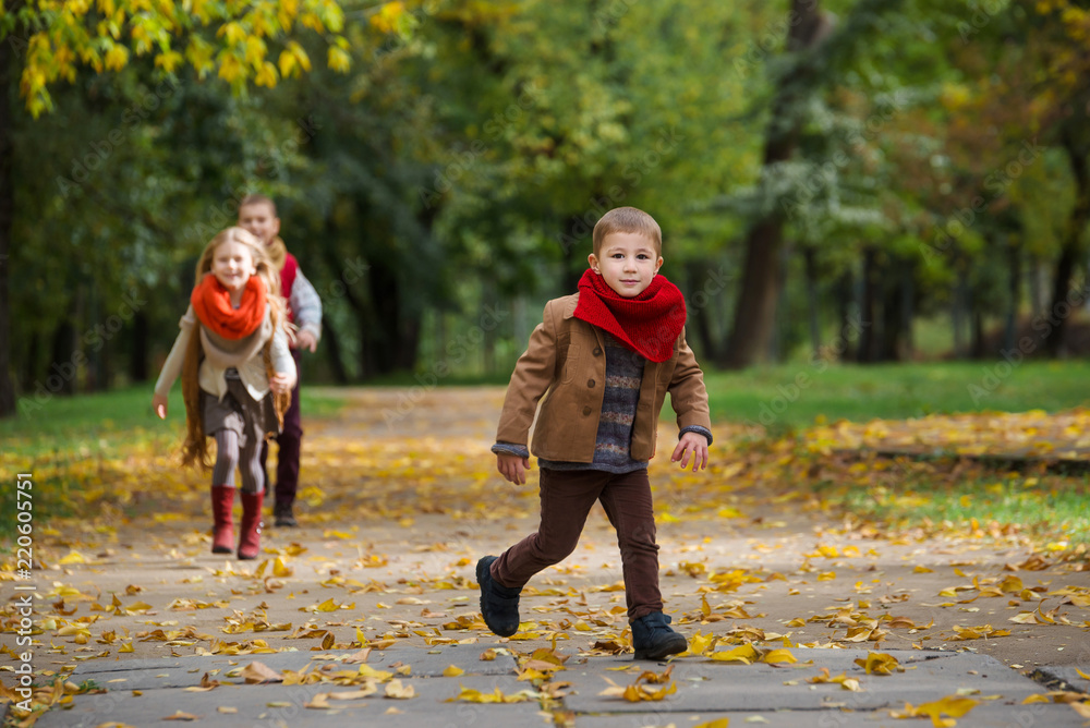 Fototapeta premium Happy children play and run in autumn park