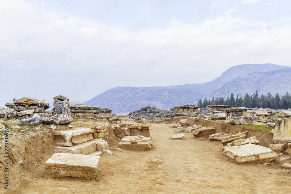 Ruins of acropolis and landscape of Hierapolis, in Pamukkale, Turkey